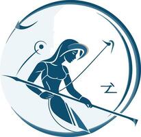 A stylized silhouette of a woman holding a spear, set within a circle with stylized arrows vector
