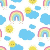 Seamless pattern with cute cartoon clouds and rainbows, for fabric prints, textiles, gift wrapping paper. children's colorful, flat style vector