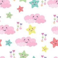 Seamless pattern with clouds, stars, cute cartoons, for fabric prints, textiles, gift wrapping paper. colorful for children, flat style vector