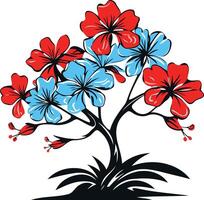A vibrant, stylized floral illustration featuring a tree with red and blue flowers vector