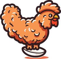 A playful cartoon chicken, with a fluffy orange coat, balances on a single egg vector