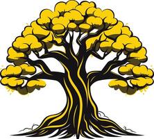 A stylized tree with thick roots and vibrant yellow leaves, symbolizing growth, strength, and resilience vector