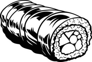A detailed black and white illustration of a sushi roll, perfect for menus, branding, and social media content vector