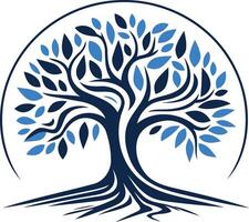 A stylized tree with deep roots and a circular canopy, representing growth, stability, and connection vector