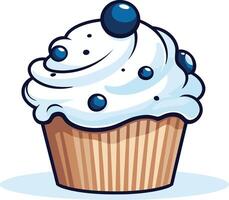 A cartoon illustration of a delicious blueberry cupcake with white frosting, perfect for adding a sweet touch to your designs vector
