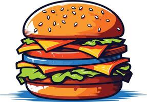 A juicy, cartoon style burger with all the fixings vector