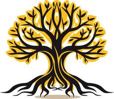 A stylized black and yellow tree with a strong, intricate root system, symbolizing growth, stability, and resilience vector
