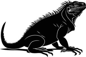 Black and white silhouette of an iguana in a classic profile pose, perfect for logo design, illustration, or decorative purposes vector