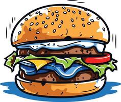A delicious and juicy cartoon burger with all the fixings perfect for your fast food branding, restaurant menu, or social media posts vector