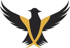A bold and powerful logo design featuring a black silhouette of a bird with outstretched wings and a golden v shape vector