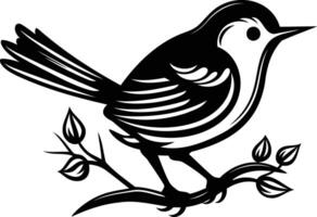 A detailed black and white illustration of a stylized bird perched on a branch with leaves vector