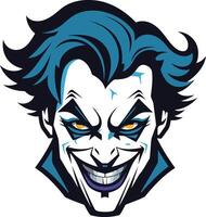 A menacing, cartoon-style illustration of a joker-like character with a sinister grin and piercing eyes vector
