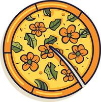A quirky and fun illustration of a pizza with a slice removed, featuring a unique floral design instead of toppings vector
