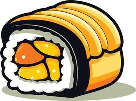 A cartoon illustration of a delicious sushi roll, perfect for menus, packaging, and branding for restaurants, food bloggers, and sushi enthusiasts vector