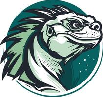 A fierce and stylized iguana head in a circular frame vector