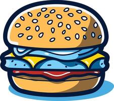 A cartoon style illustration of a juicy burger with sesame seeds, melted cheese, lettuce, and a red sauce vector