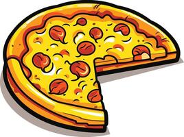 A cartoon illustration of a delicious pizza with a slice missing, perfect for menu designs, food blogs, and social media posts vector