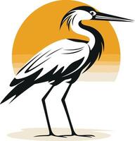 A stylized heron silhouette stands against a sunset, perfect for logo design, branding, or nature-themed projects vector