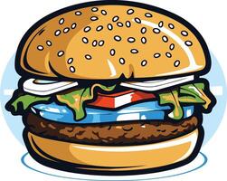 A delicious-looking cartoon burger with all the fixings perfect for menus, restaurant branding, or any project that needs a fun and tasty touch vector