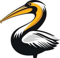 A simple, bold illustration of a pelican with a yellow beak and black and white plumage, perfect for logos, icons, or illustrations for travel, wildlife, or nature related projects vector