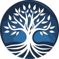 Stylized white tree silhouette with strong roots, set against a dark blue circular background vector