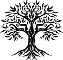 Simple, elegant black and white silhouette of a tree with intricate branches and roots vector