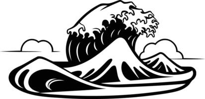 Black and white illustration of a powerful wave crashing in the ocean vector
