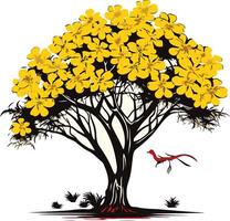 A stylized illustration of a vibrant yellow flowering tree with a red bird in flight, symbolizing growth, nature, and freedom vector