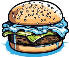 A juicy, cartoon-style burger with dripping sauce and a vibrant color palette vector