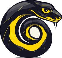 A powerful black snake coiled in a circular formation, with a bright yellow stripe and piercing eyes vector