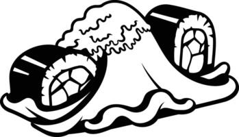 A bold and stylized illustration of two sushi rolls, resembling a wave with seaweed and rice vector
