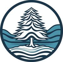 A minimalist, circular logo featuring a stylized evergreen tree standing tall in a landscape of rolling hills and a flowing river vector