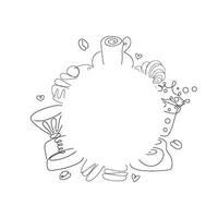 Cartoon doodles Coffee shop illustration. Line art, detailed, with lots of objects background. All objects separate. Outline Cafe funny round picture vector