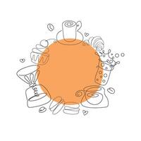 Coffee time poster concept. Coffee party greeting card design. Hand drawn line art illustration with teapots, cups and sweets in circle frame isolated on white background. vector