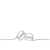 Continuous one line drawing of colorful French macaroons isolated on white background. Hand drawn macarons minimal design art, confectionery concept. illustration for restaurant menu vector