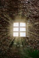 Rays of sunlight from the windows of an ancient stone building. photo