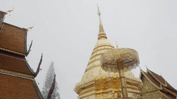 view at Suthep temple with famous giant golden pagoda among fog cloud natural landscape,Wat Phra That Doi Suthep temple video
