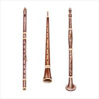 Flute, Oboe and Clarinet woodwind musical instruments set. Classical music collection. Hand drawn watercolor illustration isolated from the background. Symphony orchestra wind section. For card design vector