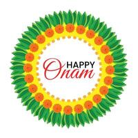 Onam Greeting Card with Pookalam Floral Design and Happy Onam Text in Center vector