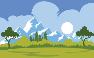 Minimalist Illustrations of Snow-Capped Mountains and Green Fields in a Scenic Landscape vector