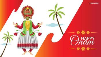 Onam Greeting with Kathakali Dancer and coconut Trees on Bright Red and White Background vector