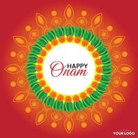 Vibrant Onam Greeting Card with Pookalam Floral Design on Bright Red Background vector