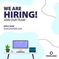 We are hiring job vacancy social media post. Employees needed. Join our team announcement. Illustration of a desk with a computer for work. vector
