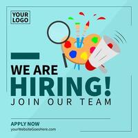We are hiring post. Join our team announcement. Social media template job vacancy recruitment. Illustration of a loudspeaker, zoom tool, and color palette with paint brushes. vector
