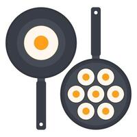 Black Pan with Fried Egg. Pan with Many Eggs. Cooking Utensils. vector