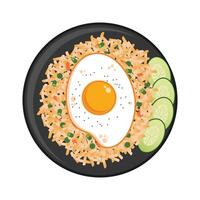 Indonesian Nasi Goreng or Fried rice with Sunny side egg and sliced cucumber served in black plate flat design illustration template free editable vector