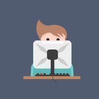 young man in front of monitor in flat design. vector
