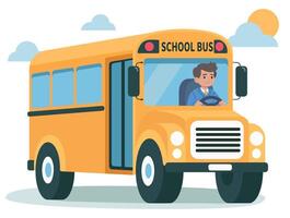 Flat illustration of yellow school bus with driver vector