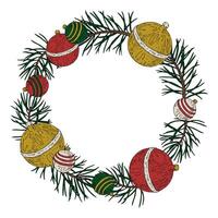 A round Christmas wreath featuring fir branches and festive baubles. The vintage style sketch is perfect for creating holiday cards, with space for text. Hand drawn illustration vector