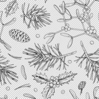 A detailed illustration of winter foliage, including mistletoe and holly leaves, arranged in a seamless pattern. The black and white design is ideal for creating holiday themed wrapping paper vector